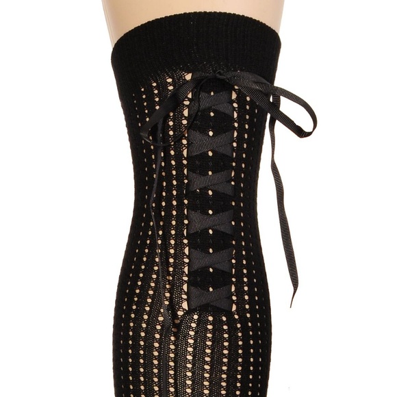 Pointelle Corset Lace Thigh High Socks in Noir - Picture 2 of 4
